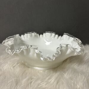 VTG Fenton Silver Crest White Milk Glass Ruffle Edge Bowl Candy Dish Grannycore